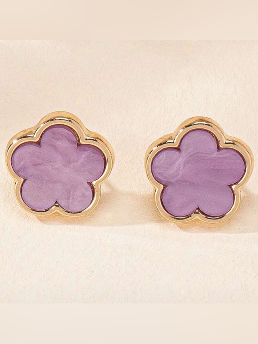 Gold-Trim Purple Flower Stud Earrings - Jewelry adjustable ring